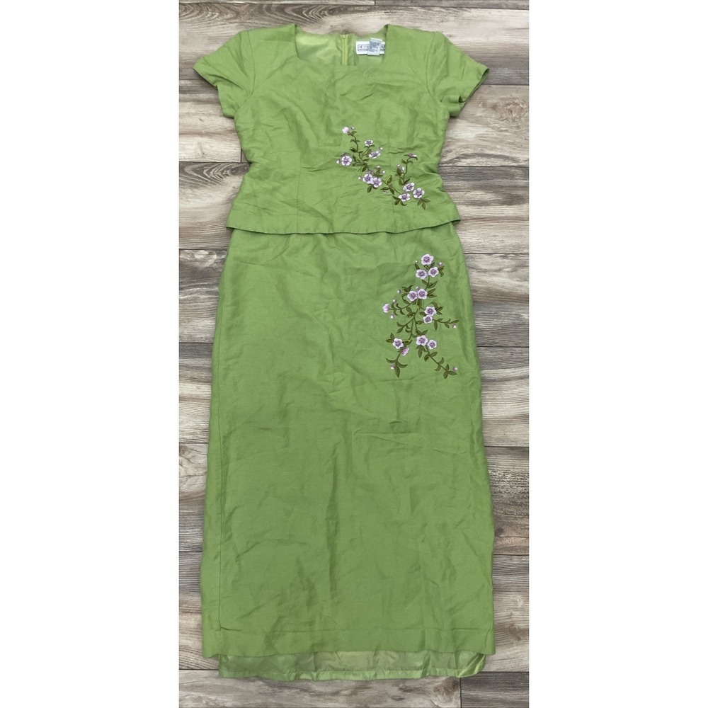 Vintage Jessica Howard Green Pink Floral Embroidered Midi Dress Size 8